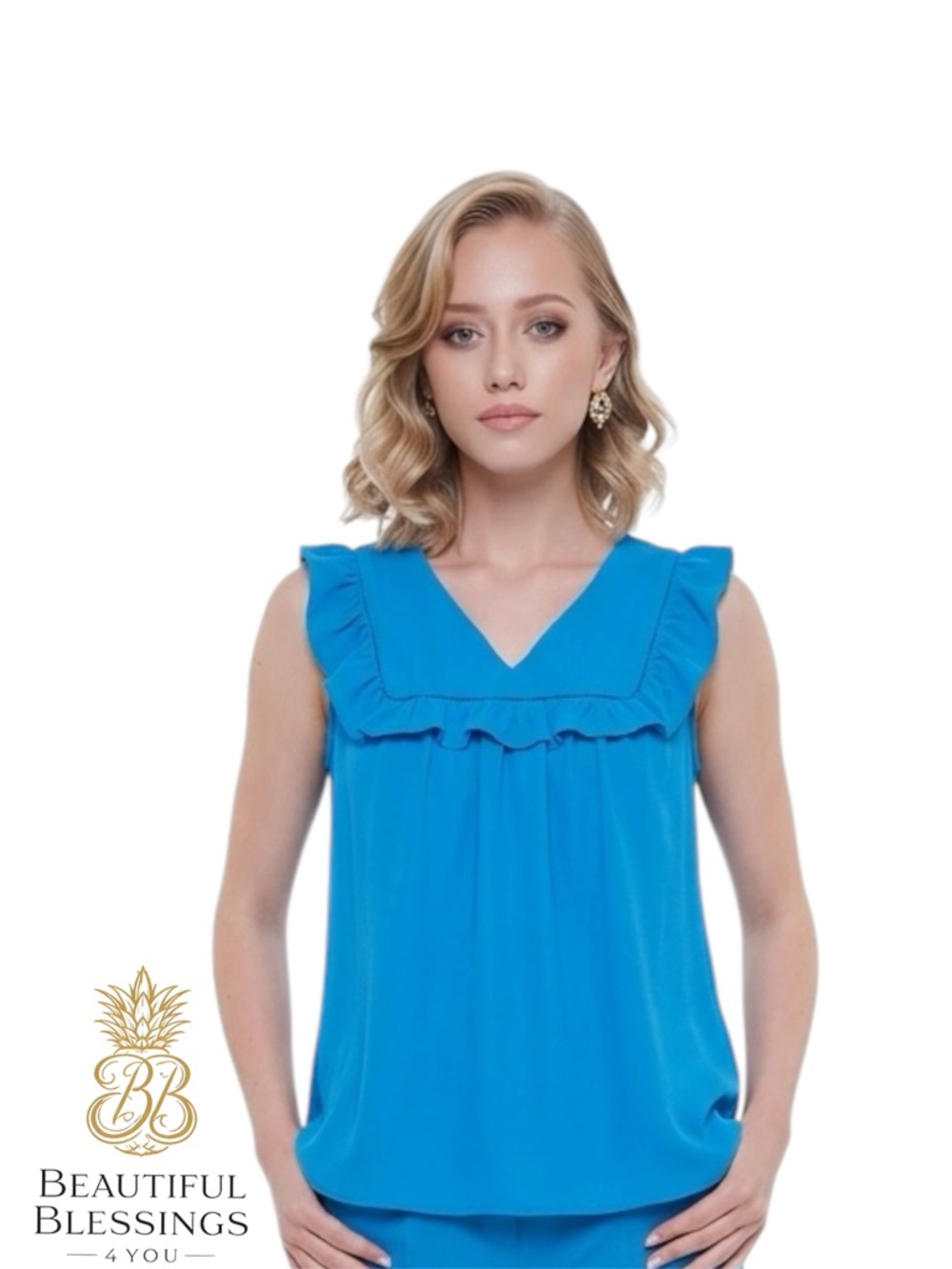 Women's LOFT Blue Ruffle V-Neck Sleeveless Lightweight Flowy Top Size M